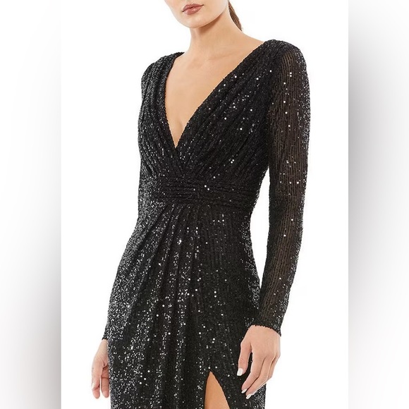 MAC DUGGAL 🆕 Leena Long Sleeve Deep Surplice V-Neck Sequin Thigh High Slit. 12 - Picture 3 of 5